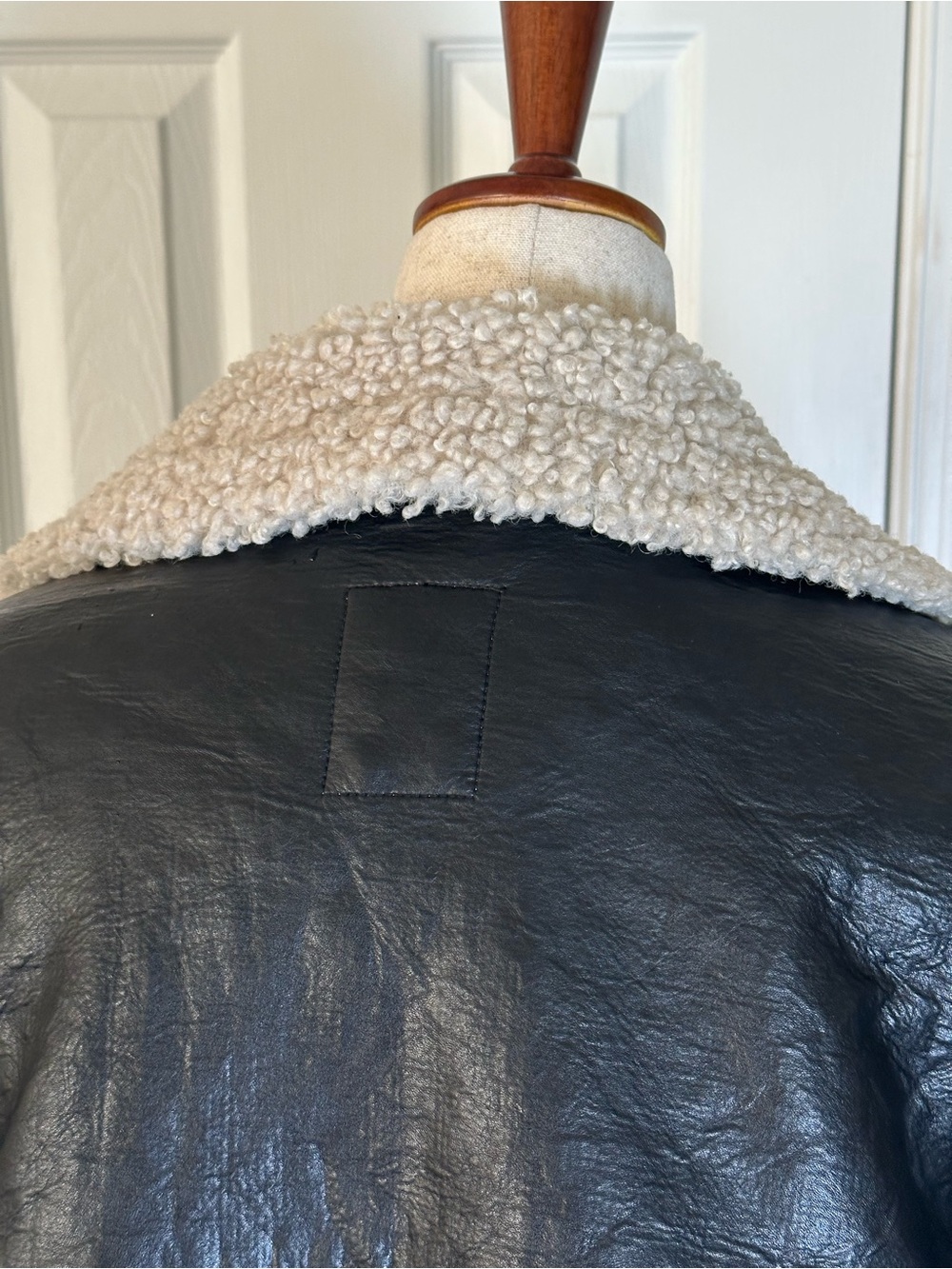 We The Free Kaja Vegan Black Faux Leather Bomber Jacket with Cream Sherpa - Picture 6 of 8